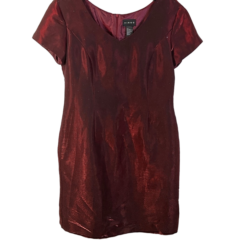 Virgo Lined Shimmery Red Cranberry Midi Short Sleeve Dress Size 10